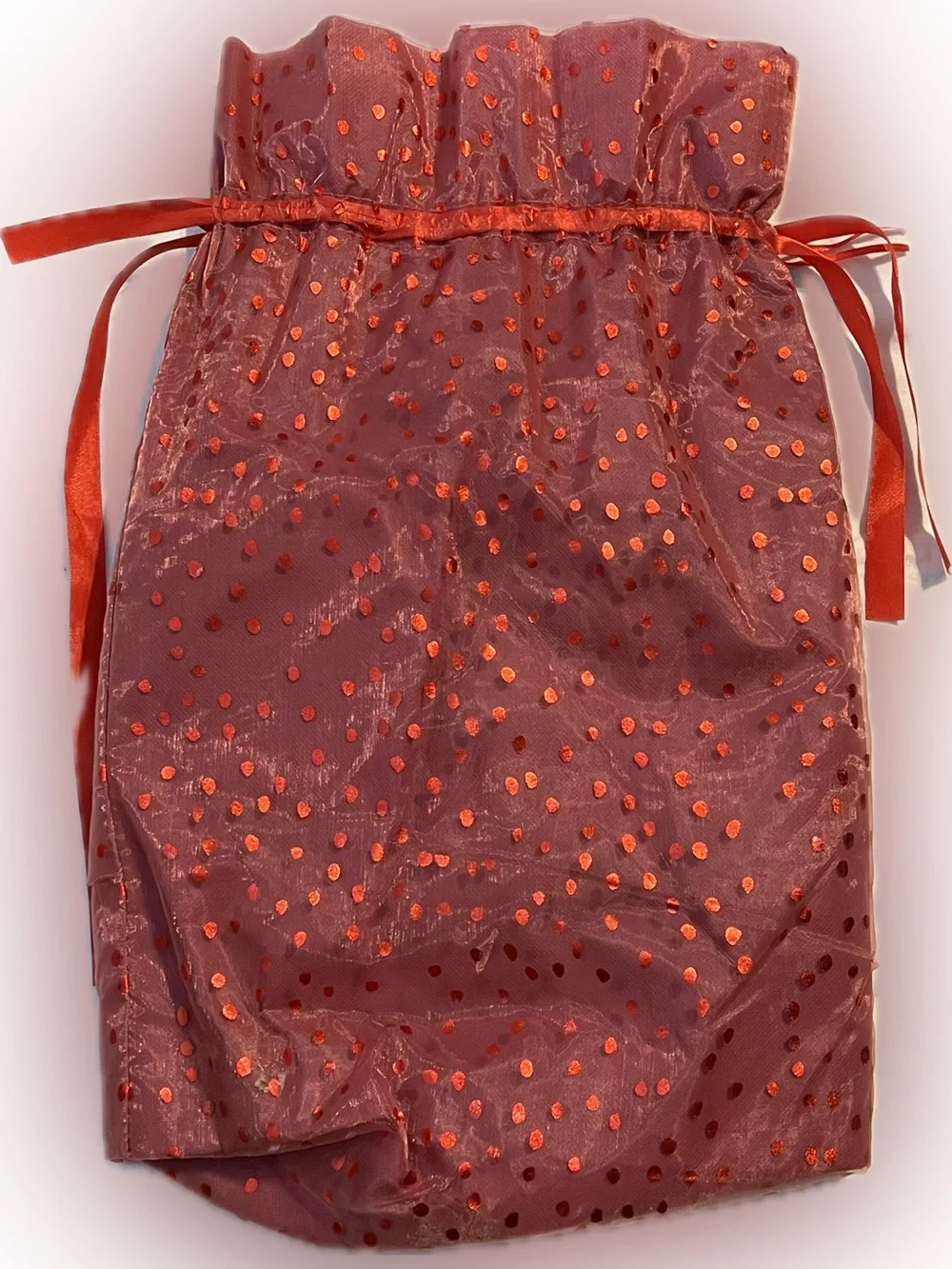 🍄 Extra Tall Red Sheer Metallic Polka Dot Cinch Gift Bag Holiday Present